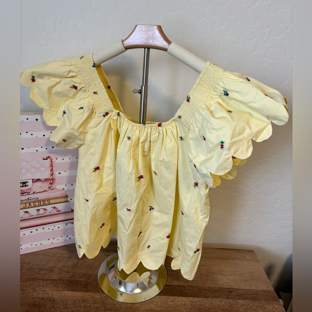 English Factory Yellow Scalloped Blouse with Floral Embroidery